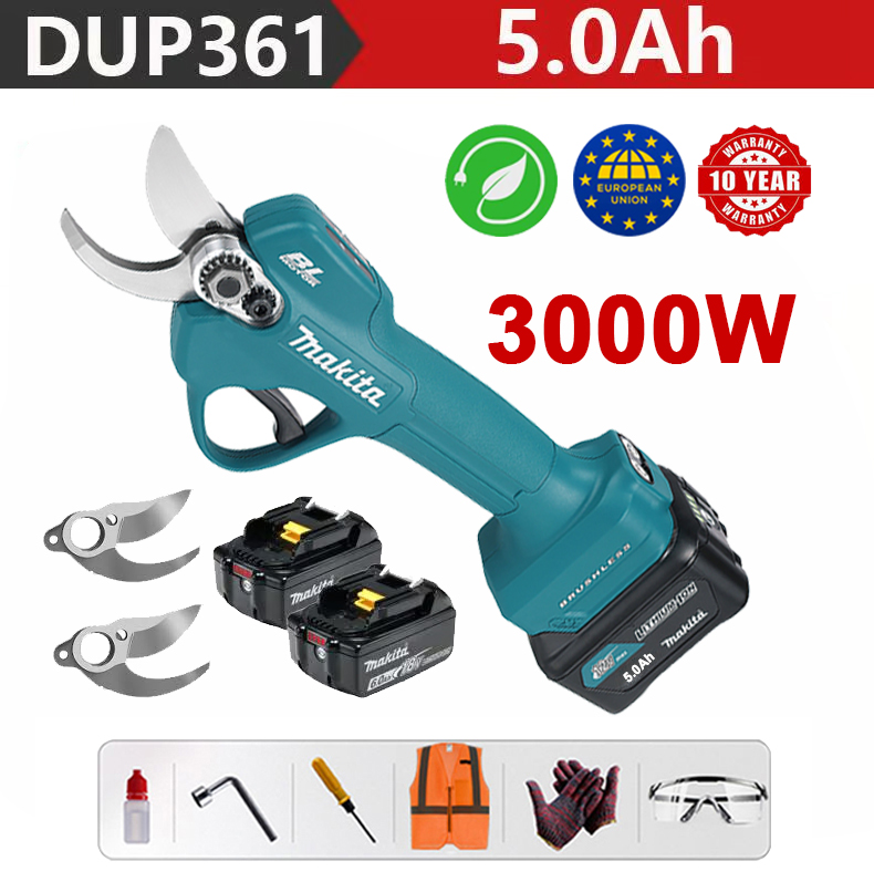 Záhradné nožnice Makita DUP361PT2 + LED displej napájania - (6 hodín výdrže batérie) 3000W bezkomutátorový motor, nožnice na lítiovú batériu + 36V 5,0Ah batéria * 2 + nabíjačka + čepeľ zo zliatiny SK9 * 2 + skrinka na náradie + mazivo + okuliare, záruka 10 rokov